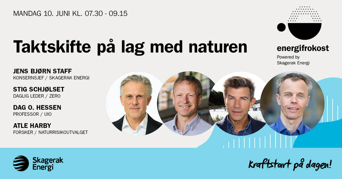 Jens Bjørn Staff, Stig Schjølset, Dag O. Hessen og Atle Harby kommer til Energifrokost hos Skagerak Energi 10. juni 2024. 