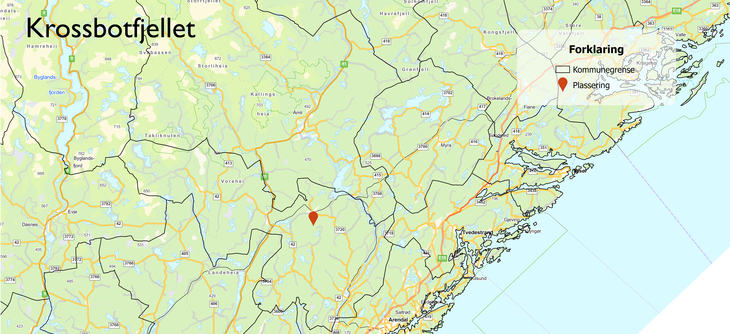 Kartutsnitt som viser plasseringen til Krossbotfjellet 